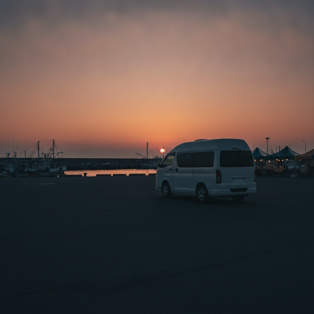 夜明けの漁港の広い駐車場に停まる白い無地のキャンピングカーのイメージ画像。※本文で紹介する漁港・駐車場の写真ではなく、実際の駐車場の広さや路面状況とは異なります。