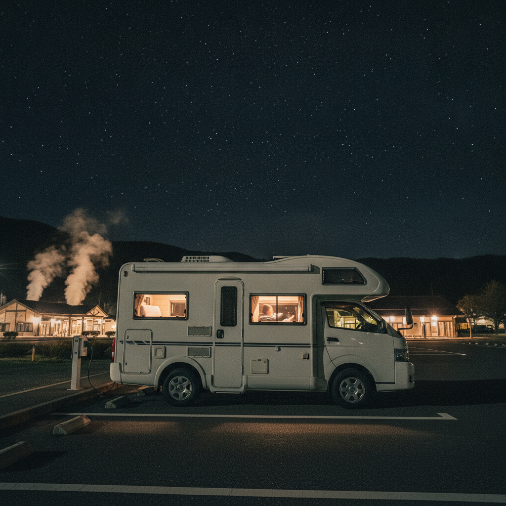 夜、道の駅の車中泊スペースに停めた白い無地のキャンピングカーのイメージ画像。電源スタンドに接続し車内に灯りがともる前泊風景。※本文で紹介する施設の写真ではありません。