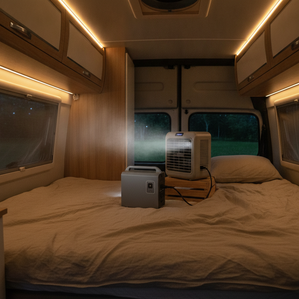 真夏の夜のキャンピングカー車内で、無地のポータブル電源に接続された小型ポータブルクーラーが稼働し、涼しく快適な就寝スペースをつくっている様子