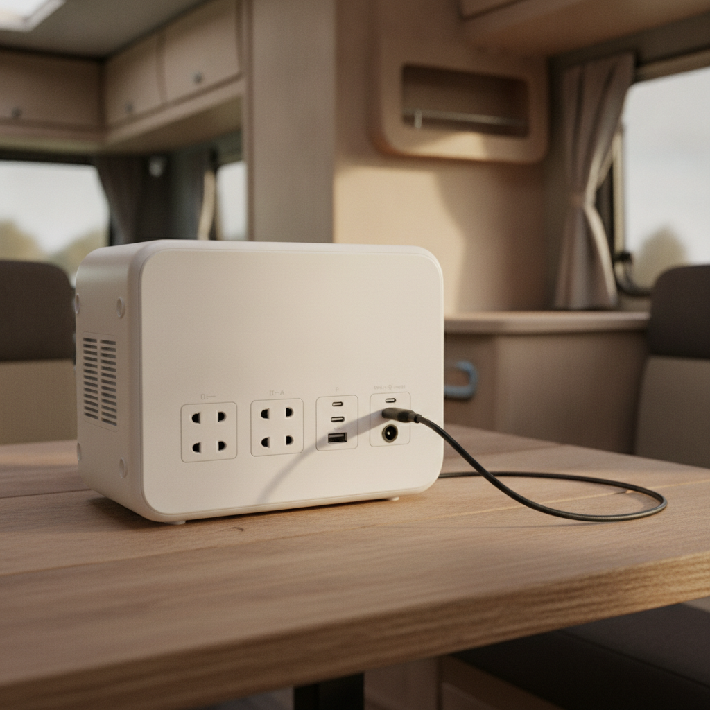 木製テーブルの上に置かれた無地のポータブル電源のクローズアップ。前面にACコンセント口やUSBポートが並び、充電ケーブルが接続されている