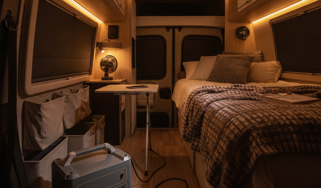 夜のキャンピングカーの車内に置かれた無地のポータブル電源からケーブルが伸び、スマートフォンや小型家電を充電している車中泊のシーン