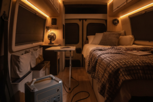 夜のキャンピングカーの車内に置かれた無地のポータブル電源からケーブルが伸び、スマートフォンや小型家電を充電している車中泊のシーン