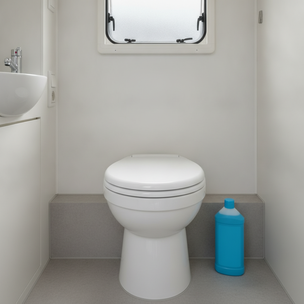 キャンピングカーのトイレルームに置かれた白いカセットトイレと、ラベルに文字のない青色の消臭液ボトル
