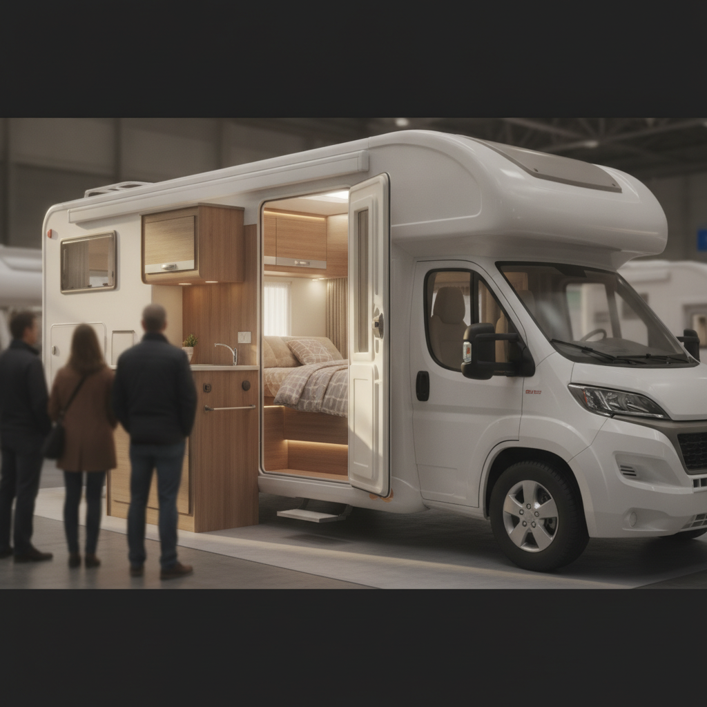 展示ブースでドアを開けたキャンピングカーの車内・ベッド・キッチンを見学する来場者のイメージ画像(後ろ姿)。※本文で紹介する会場の写真ではありません。
