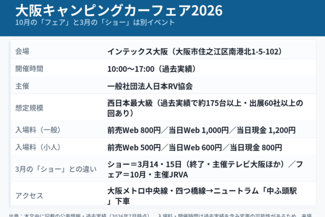 大阪キャンピングカーフェア2026の開催概要をまとめた図解。2026年10月24日（土）・25日（日）、インテックス大阪、10:00〜17:00（過去実績）、主催は日本RV協会、規模は西日本最大級（過去実績で約175台以上・出展60社以上の回あり）、入場料は一般で前売Web800円／当日Web1,000円／当日現金1,200円、10月の「フェア」と3月の「ショー」は別イベント。