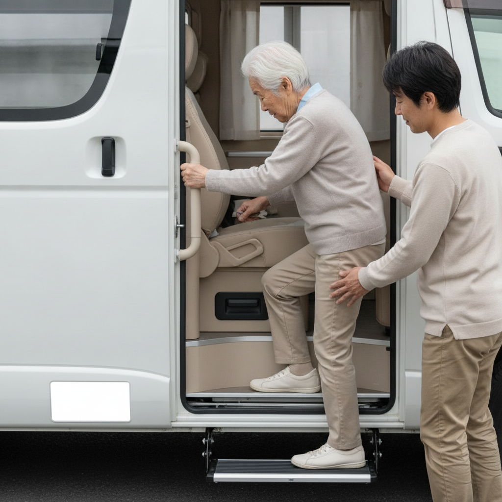 乗降ステップと手すりを使い家族の介助でキャンピングカーに乗り込む高齢者