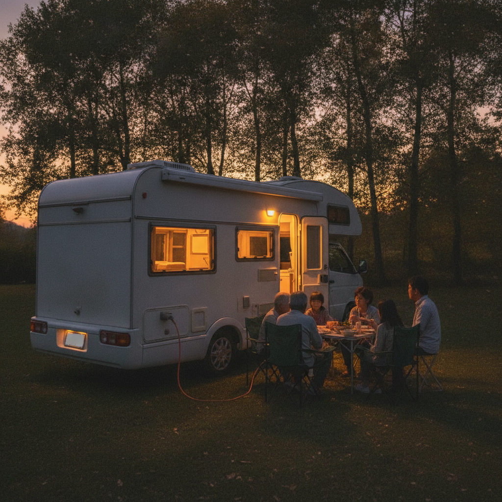 夕暮れのRVパークでキャンピングカーの外に食卓を広げて過ごす三世代家族