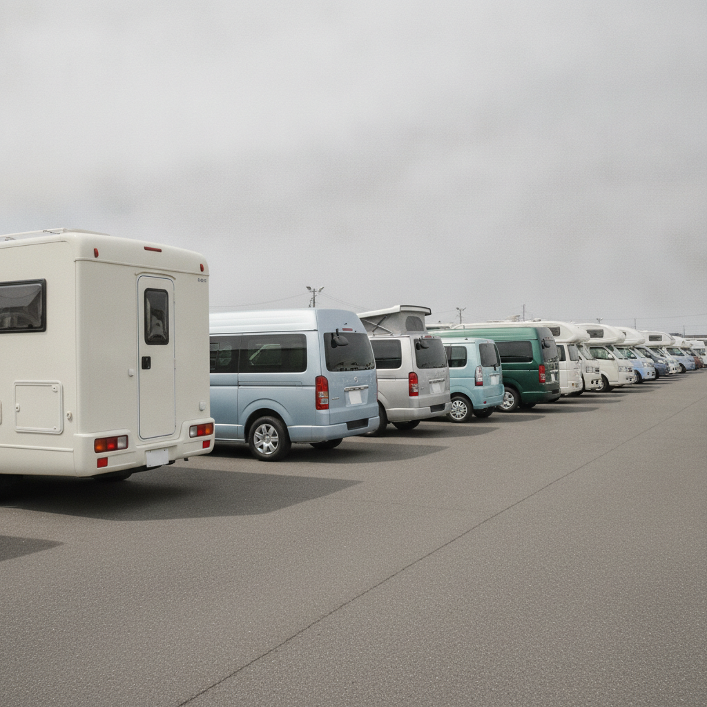 屋外展示場に整然と並ぶ大小さまざまな中古キャンピングカーの列。拡大する中古車市場のイメージ