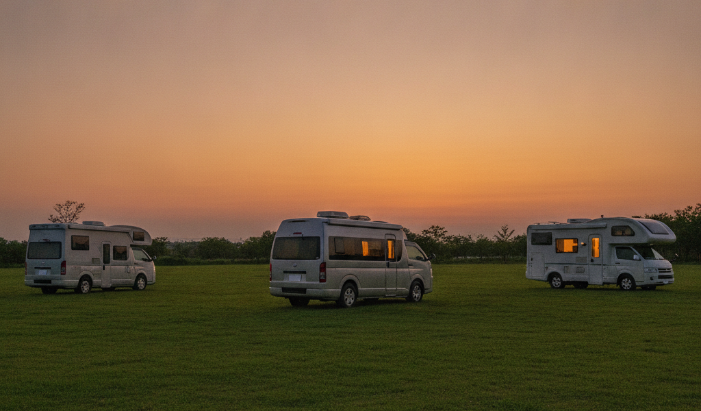 夕暮れのキャンプ場に停まる3台のキャンピングカー。車内から灯りが漏れ、キャンピングカー文化の広がりを象徴する風景