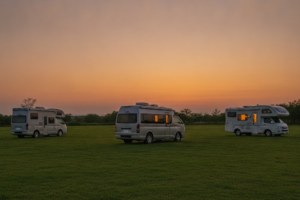 夕暮れのキャンプ場に停まる3台のキャンピングカー。車内から灯りが漏れ、キャンピングカー文化の広がりを象徴する風景