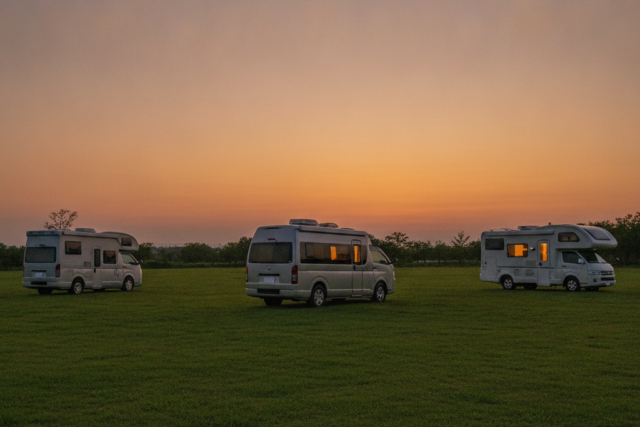 夕暮れのキャンプ場に停まる3台のキャンピングカー。車内から灯りが漏れ、キャンピングカー文化の広がりを象徴する風景