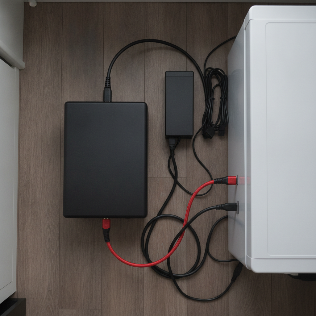 キャンピングカーの床に置かれた無地の黒いポータブル電源から、赤黒のDC電源ケーブルで白い車載冷蔵庫へ給電している車内電装の俯瞰カット