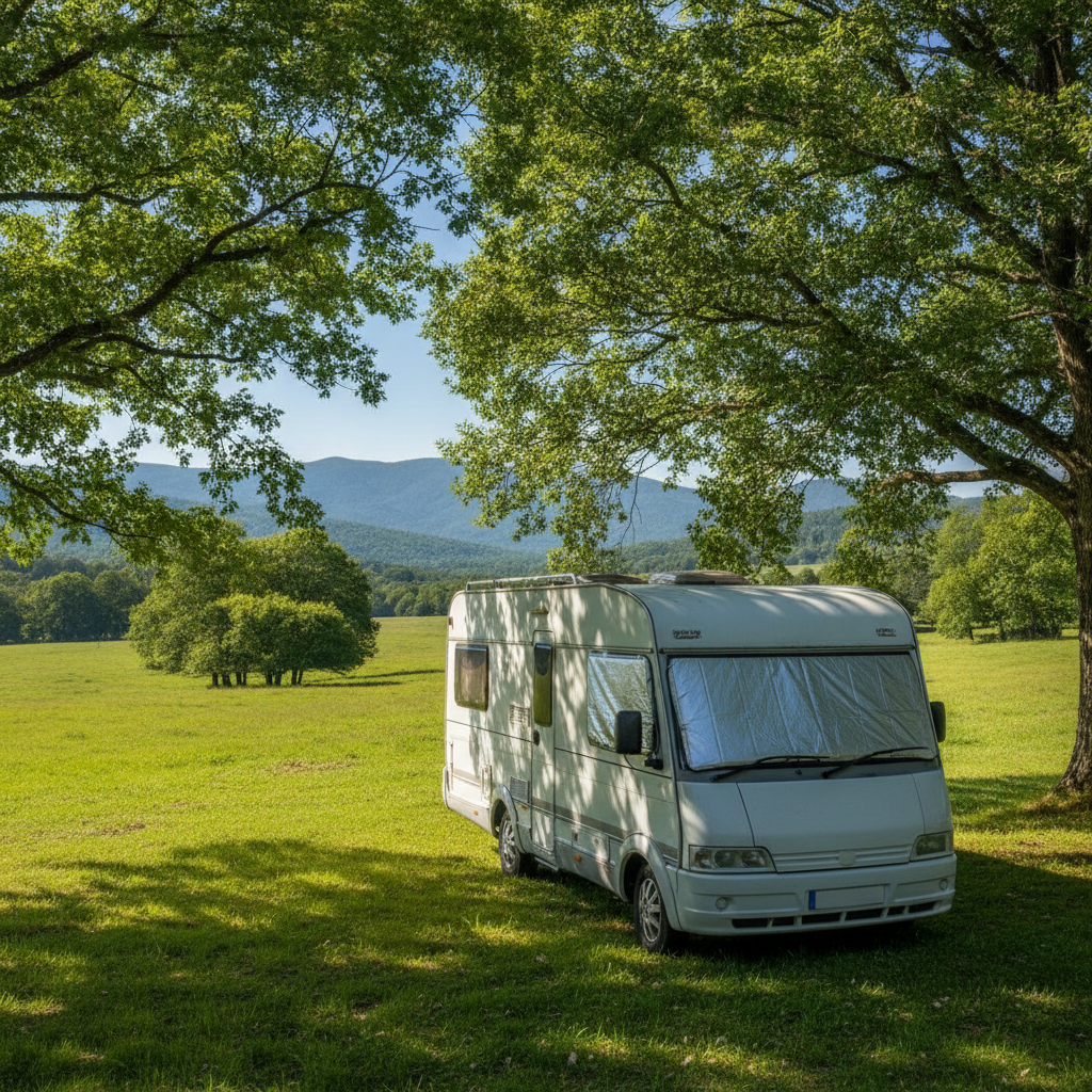 夏の高原の木陰に駐車し、窓に断熱・遮光シェードを装着した架空の一般的なキャンピングカーの外観