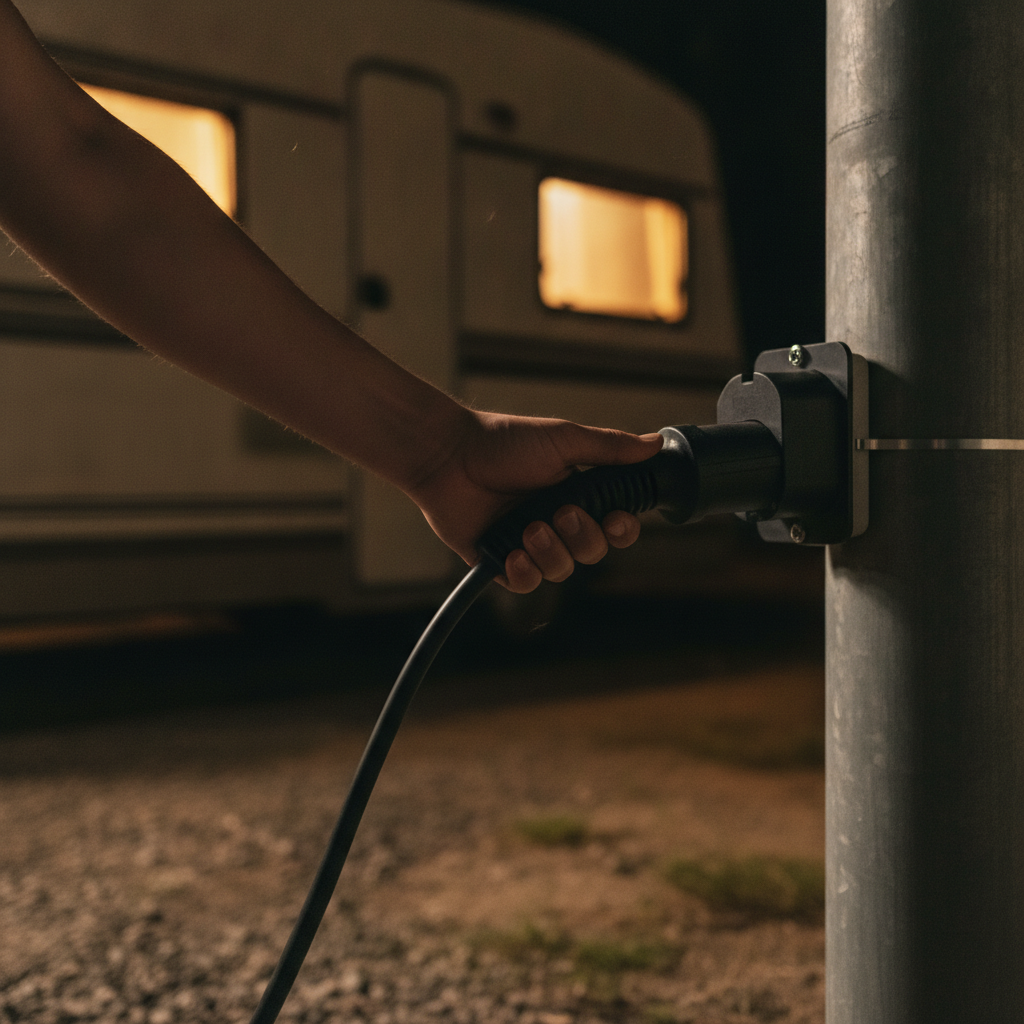 夜のRVパークで屋外電源ポールのコンセントに電源ケーブルを接続する手元。背景に室内灯の灯るキャンピングカー