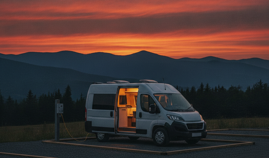 夏の夕暮れの高原にあるRVパーク風の車中泊サイトで、電源ポールにケーブルを接続して停泊するキャンピングカー