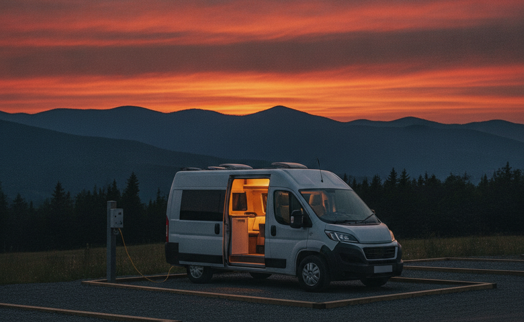 夏の夕暮れの高原にあるRVパーク風の車中泊サイトで、電源ポールにケーブルを接続して停泊するキャンピングカー