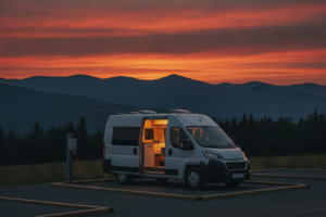 夏の夕暮れの高原にあるRVパーク風の車中泊サイトで、電源ポールにケーブルを接続して停泊するキャンピングカー