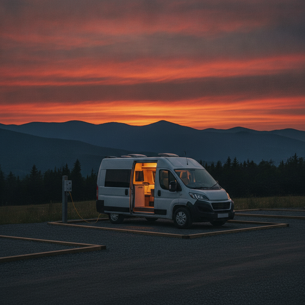 夏の夕暮れの高原にあるRVパーク風の車中泊サイトで、電源ポールにケーブルを接続して停泊するキャンピングカー