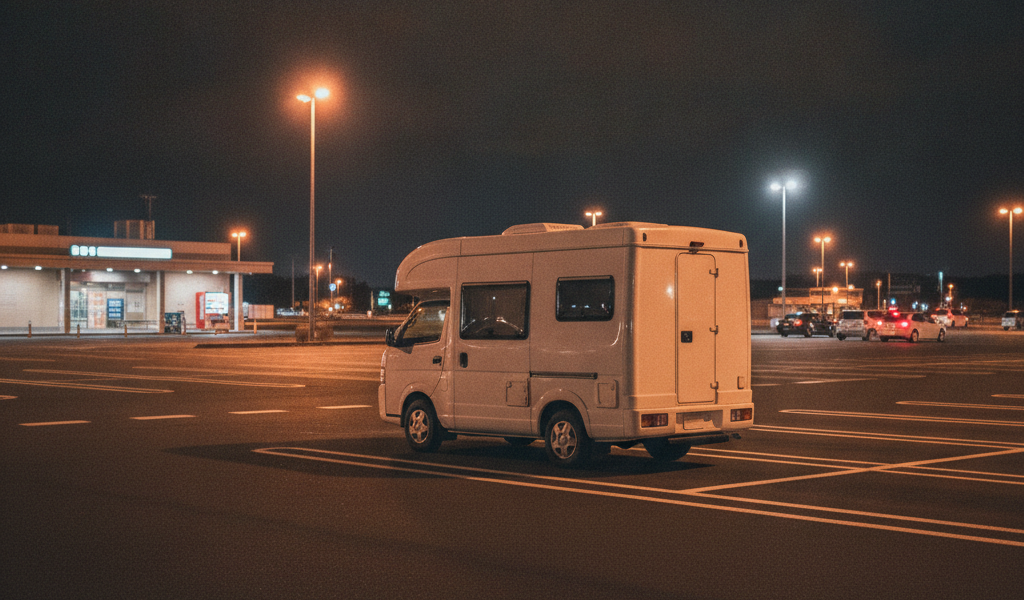 夜の高速道路サービスエリアの駐車場に、側面〜斜め後方から見た架空の白いキャンピングカーが1台停まっている様子。無地の車体で、フロントグリル・ヘッドライト・エンブレム・ナンバープレートは画角外。