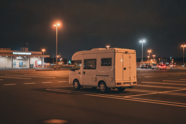 夜の高速道路サービスエリアの駐車場に、側面〜斜め後方から見た架空の白いキャンピングカーが1台停まっている様子。無地の車体で、フロントグリル・ヘッドライト・エンブレム・ナンバープレートは画角外。