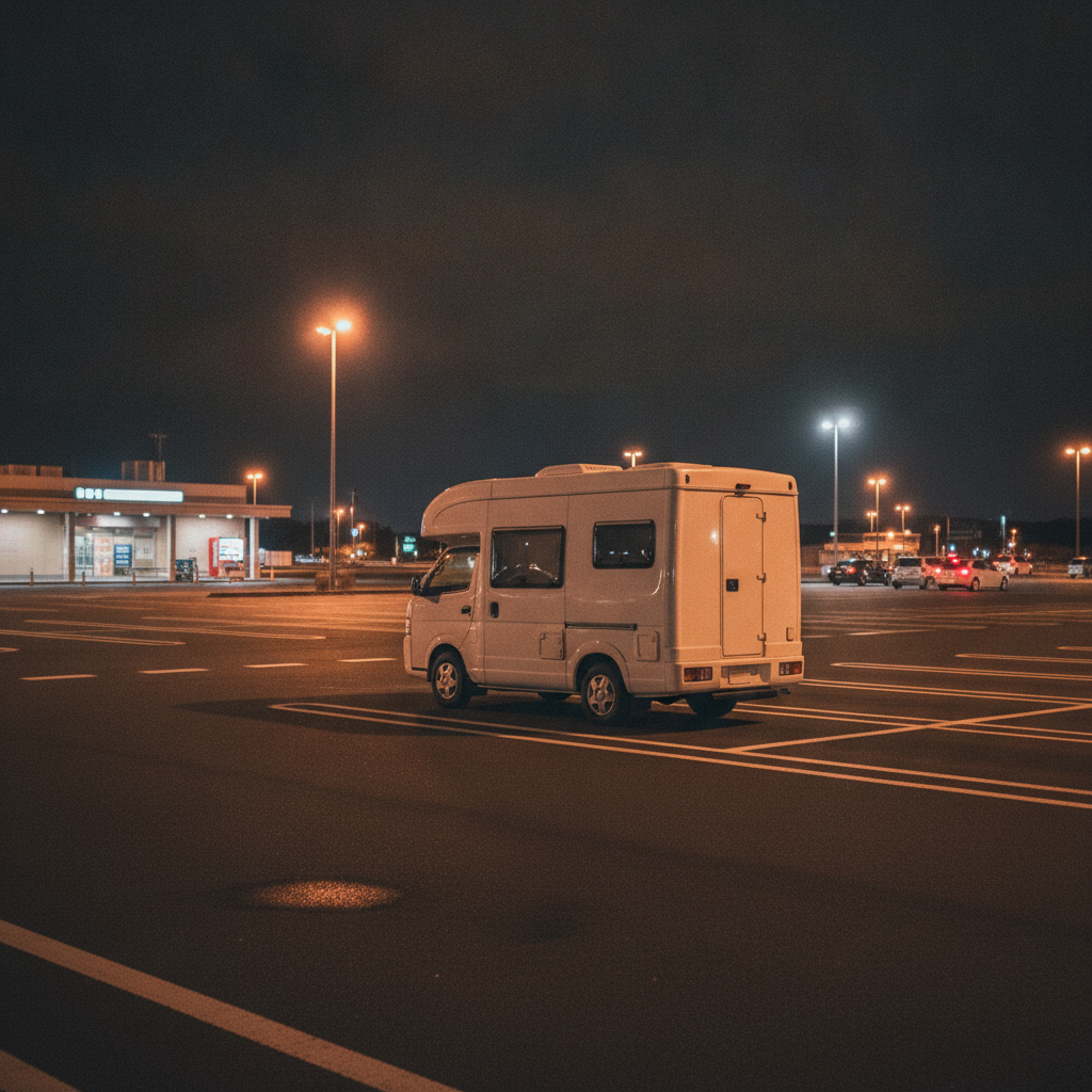 夜の高速道路サービスエリアの駐車場に、側面〜斜め後方から見た架空の白いキャンピングカーが1台停まっている様子。無地の車体で、フロントグリル・ヘッドライト・エンブレム・ナンバープレートは画角外。