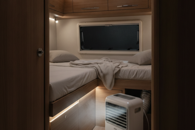 夏の夜、キャンピングカーの車内で静かに稼働するポータブルクーラーと、涼しく快適に整えられた就寝スペース