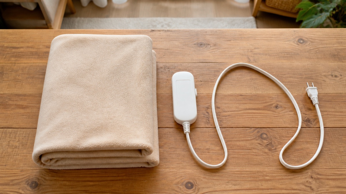 たたんだ電気敷毛布と外したコントローラー、ゆるく束ねたコード