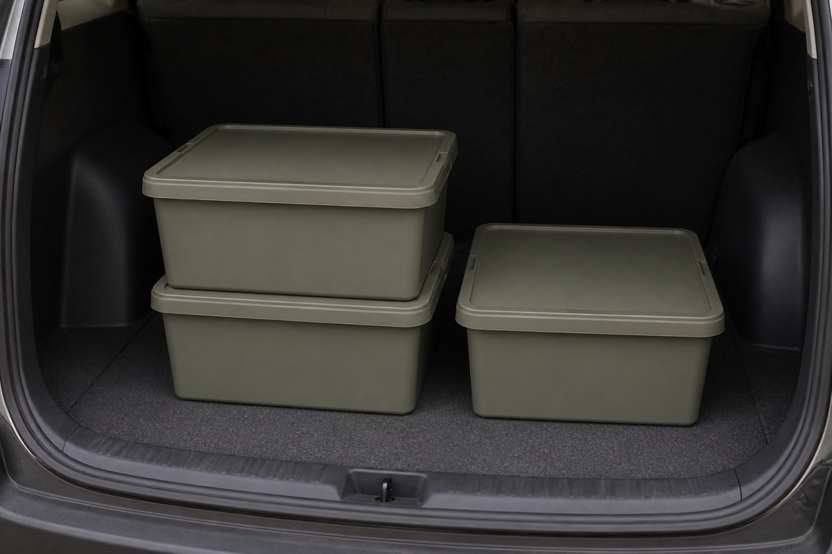 荷室に積まれた樹脂製の収納ボックス