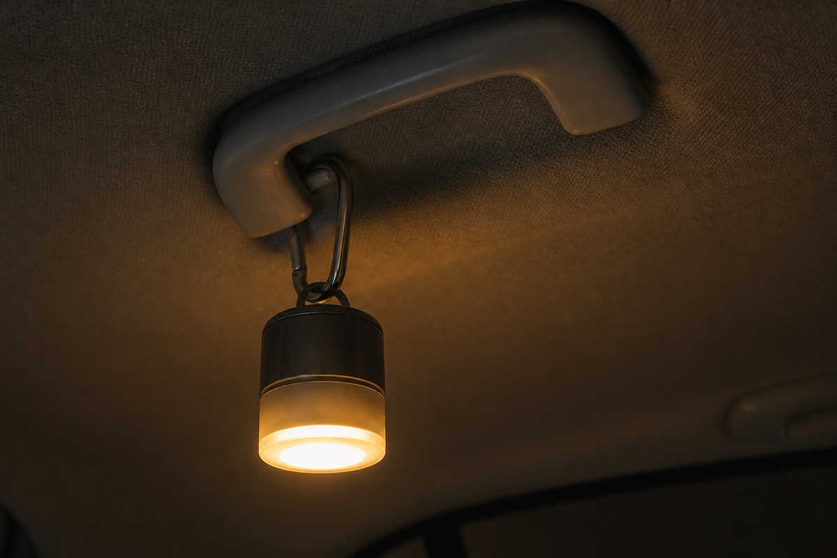 車内のアシストグリップに吊るした小型LEDランタン