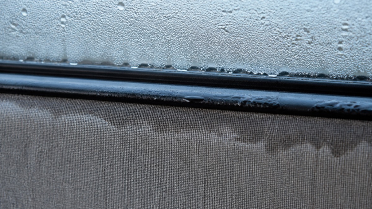 早朝の車内。サイドウィンドウの内側が全面に曇り、窓枠の下に水滴がたまっている