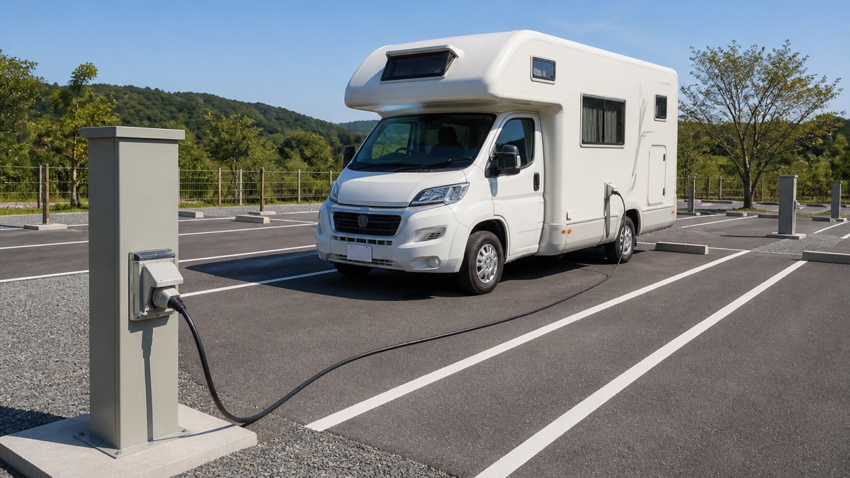 RVパークの区画。1台ずつの枠に電源ポールが立ち、看板が出ている