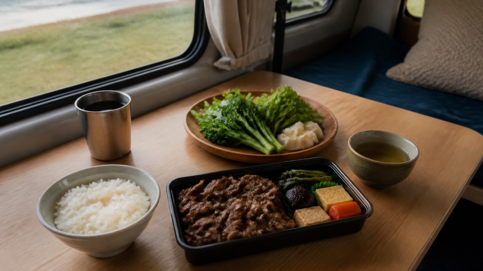 バンのテーブルに並べた牛肉弁当風の食事と緑の野菜（イメージ）