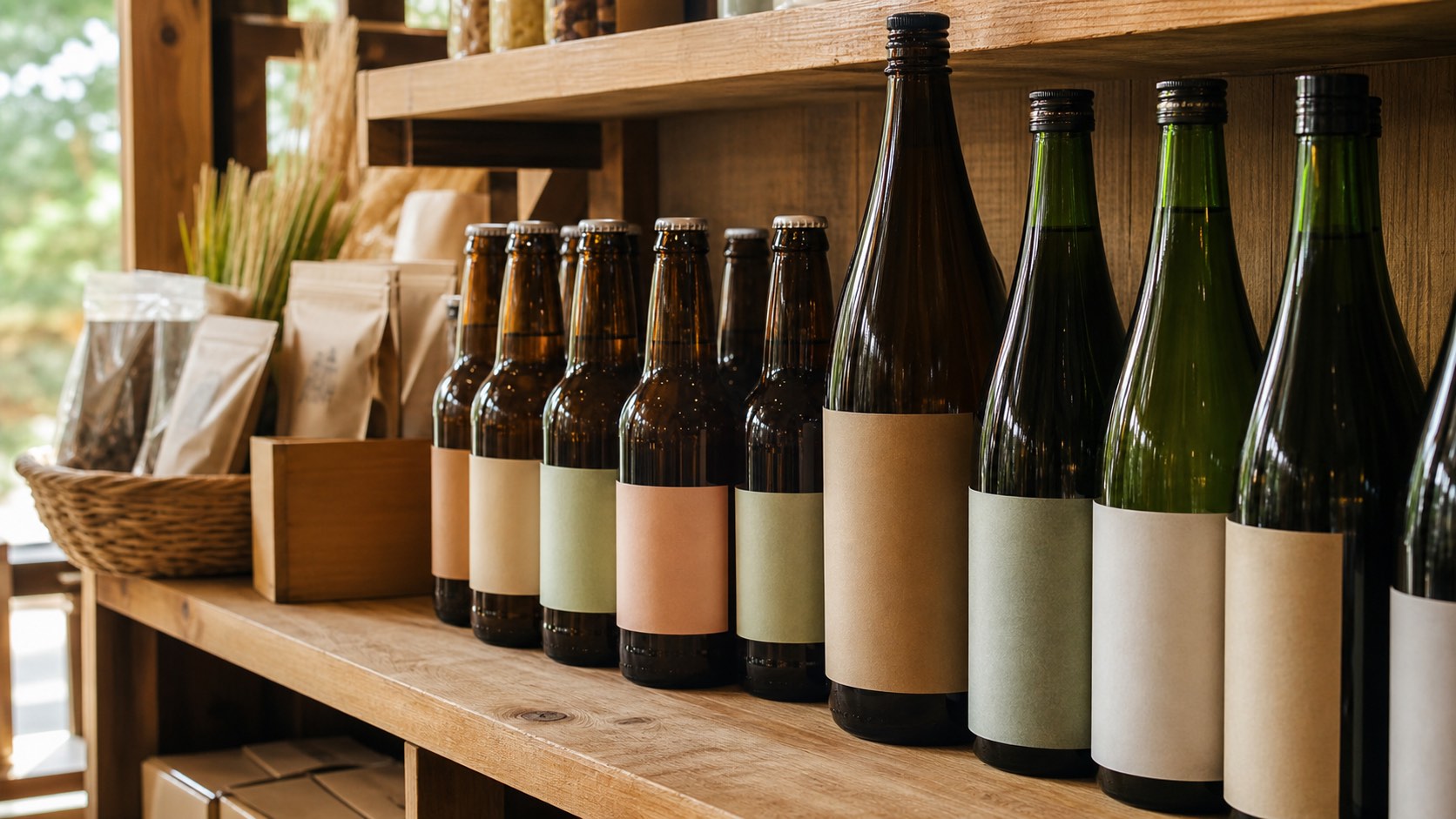 きょなん楽市の棚に並ぶ瓶入りの地ビールと日本酒(イメージ)