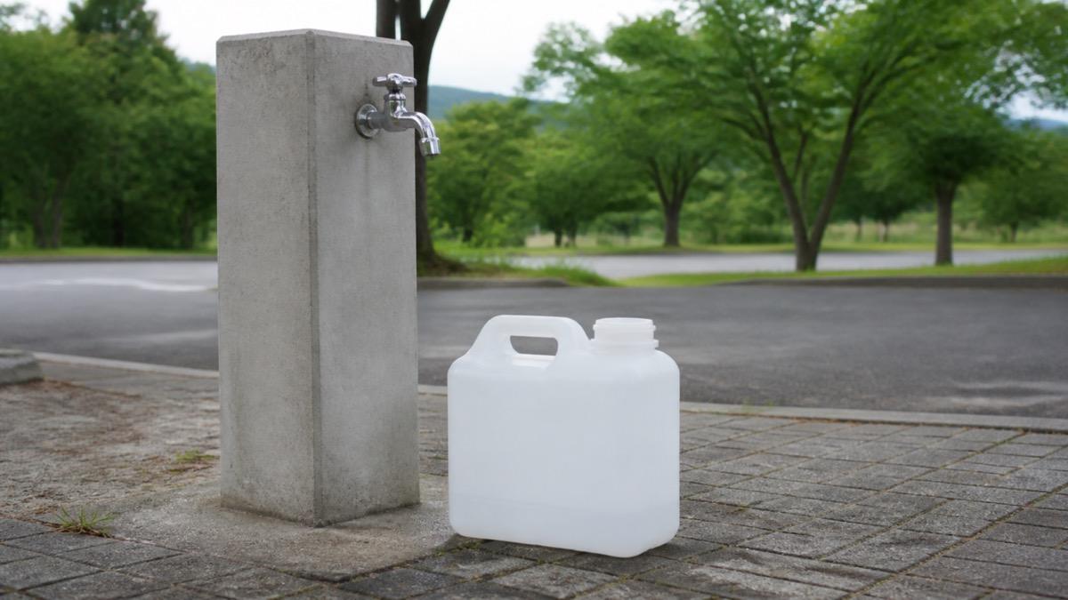 屋外の立水栓と、その脇に置かれた空のポリタンク