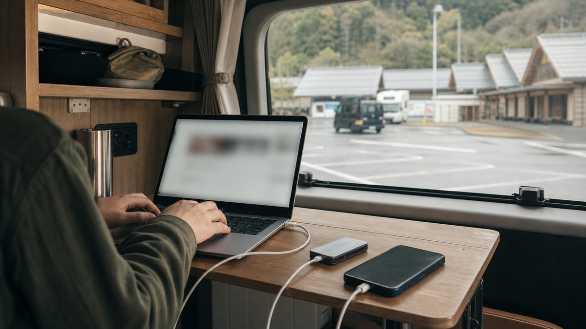 道の駅の駐車区画に停めたバンの車内でノートPCを開く様子(イメージ)