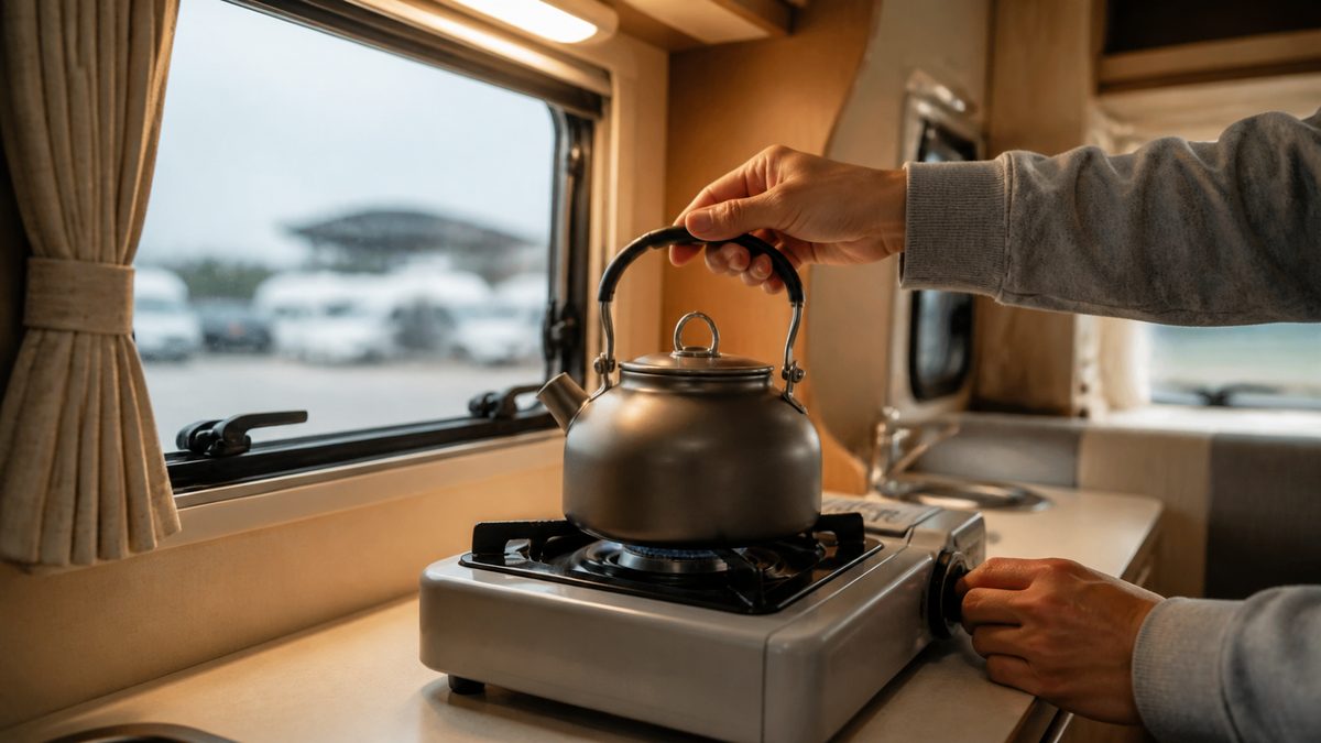 キャンピングカーの車内ギャレーでカセットコンロにかけたケトルに手を伸ばす様子と、閉じた窓の外に見える駐車場