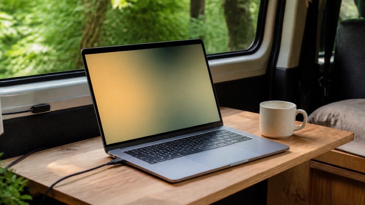 高いフェンスで囲まれた個室風のRVパーク区画とノートPCを開くバンの車内(イメージ)