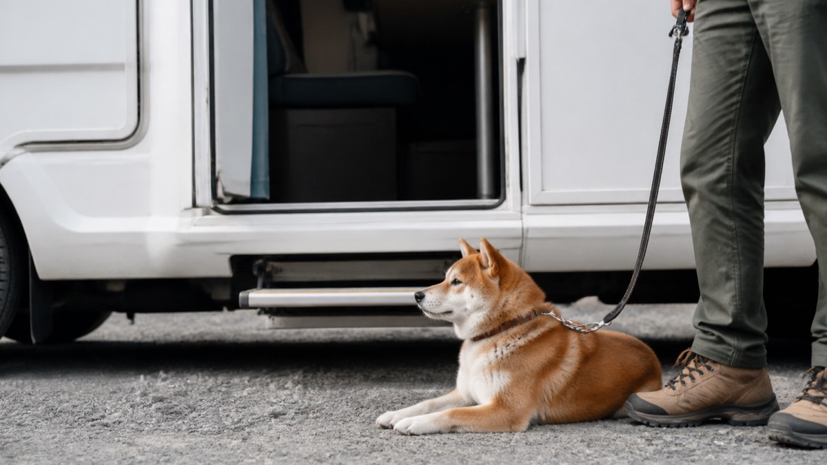 駐車区画に停まったキャンピングカーの開いた側面ドアの前で、リードをつけた中型犬が飼い主の足元に伏せている