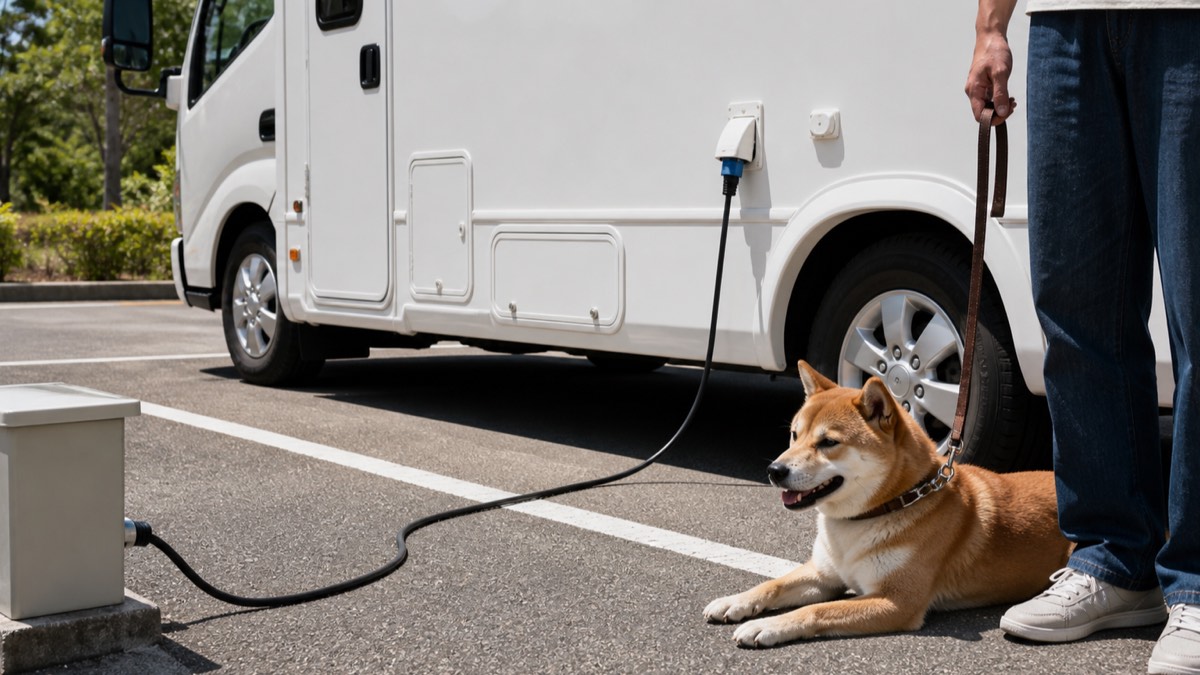 屋外の電源ボックスから伸びたケーブルがキャンピングカーの給電口につながり、その脇の路面でリードをつけた柴犬が飼い主の足元に伏せている