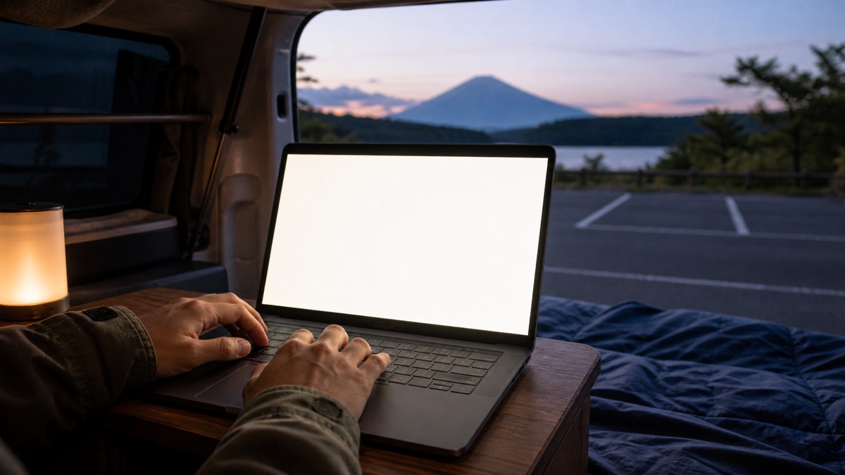 夕方の道の駅駐車場でノートPCを開くバンの車内(イメージ)