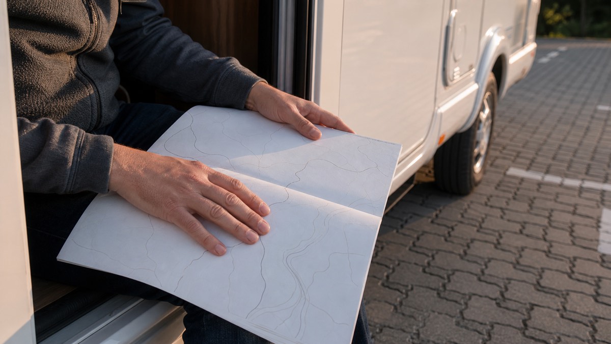 夕方の駐車区画に停まったキャンピングカーの運転席側で、地図を広げて予定を確認する人の手元
