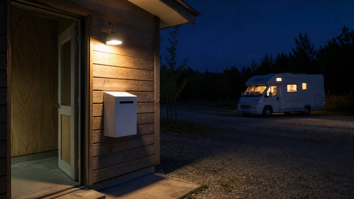 夜間の受付棟の前に置かれた無人受付用のポストと、その脇に停まるキャンピングカー