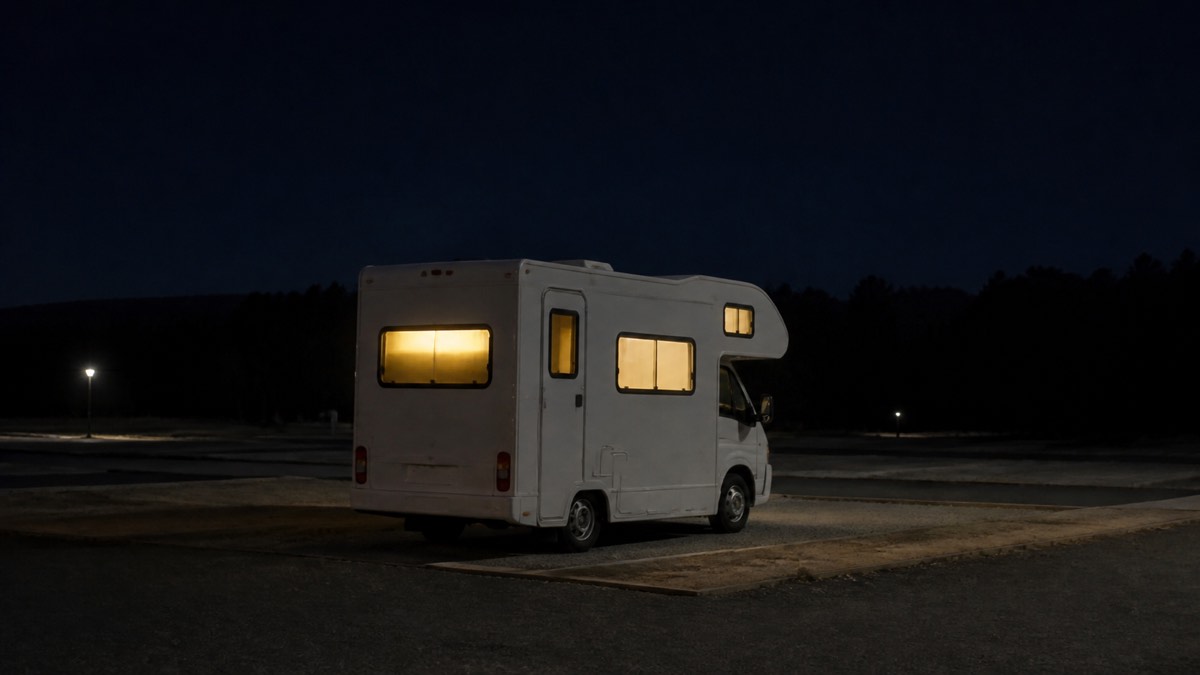 夜のRVパークで、区画に停まったキャンピングカーの窓に明かりが灯り、外は暗くなっている様子