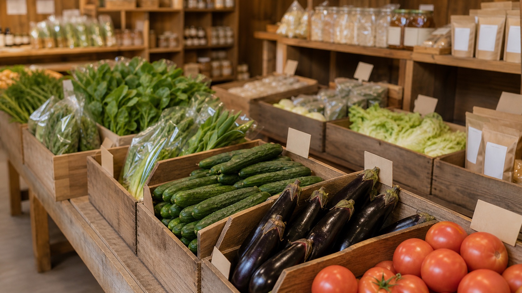 木箱に並ぶ産直の野菜と地元加工品(イメージ)