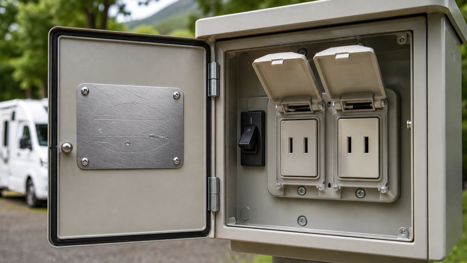 RVパークの区画に置かれた電源ボックス。扉に容量の表示がある