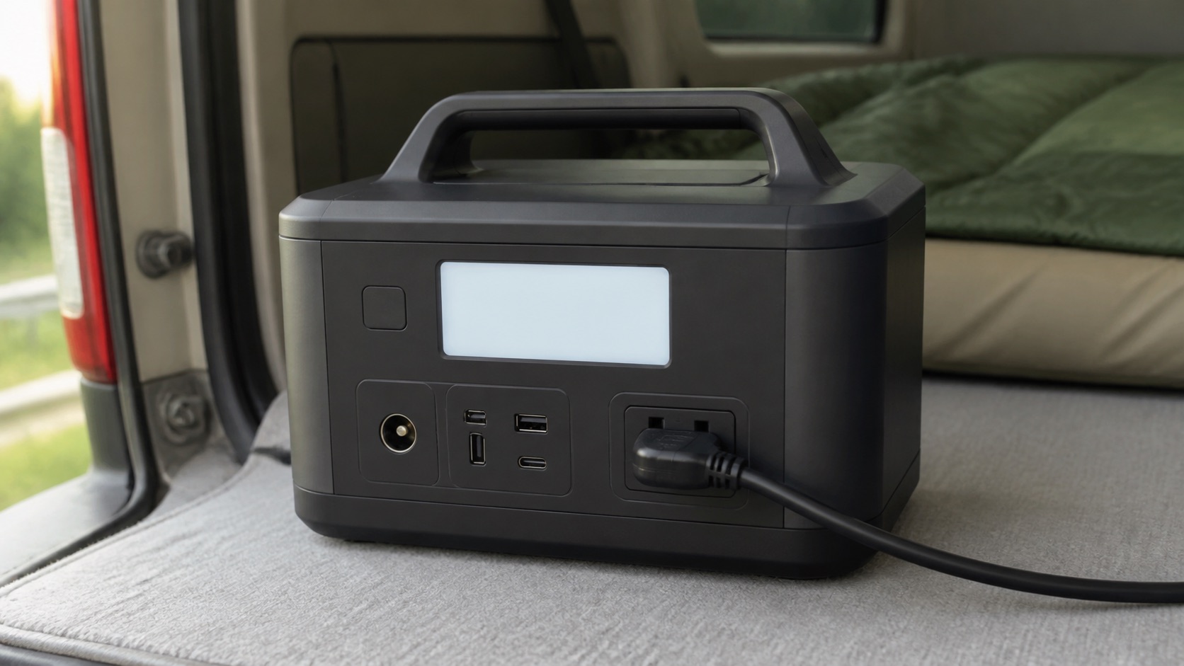 車の荷室に置いたポータブル電源の液晶に出力ワット数が表示され、そこから伸びたケーブルが小型ケトルにつながっている