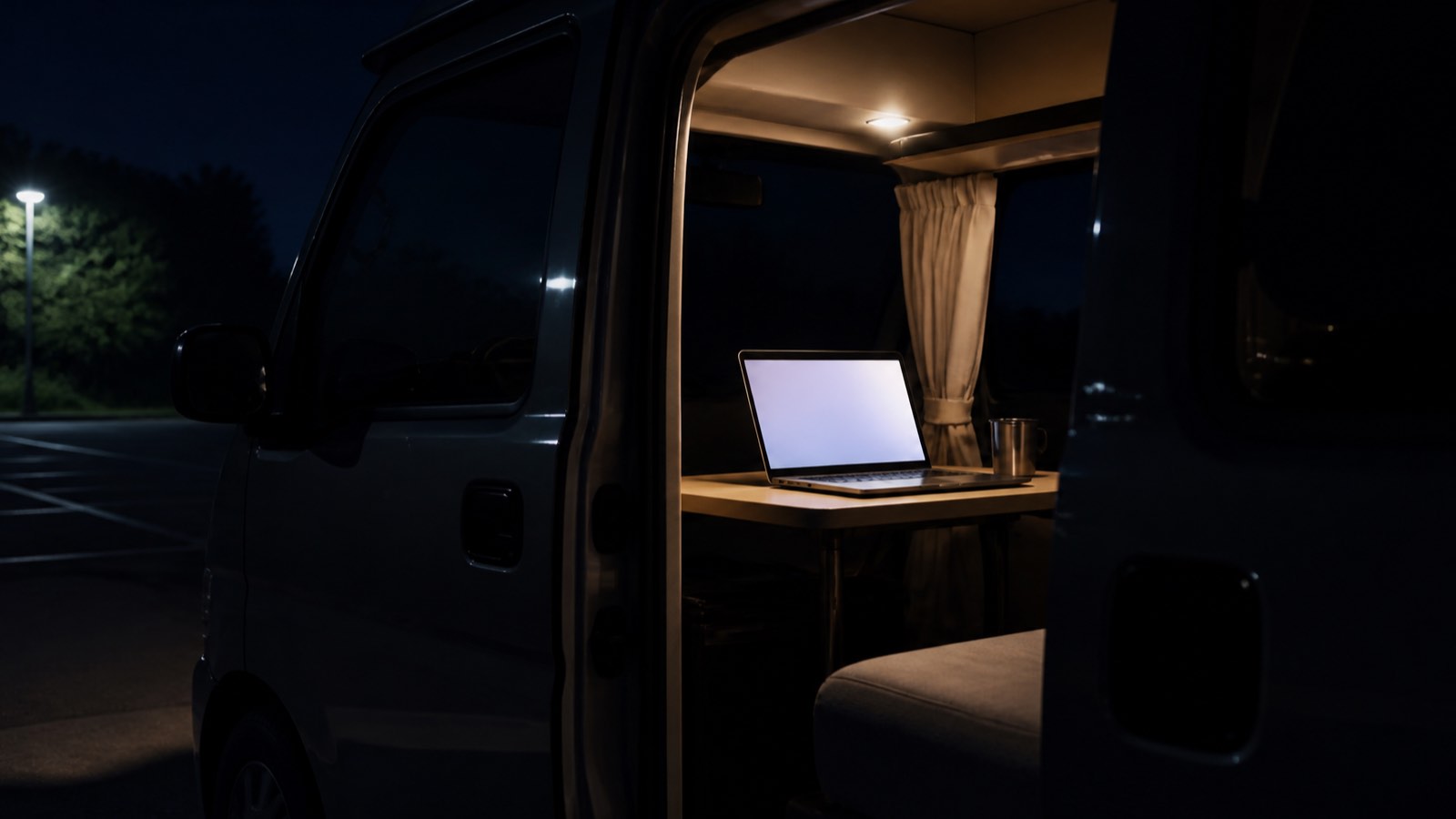 静かな駐車スペースでノートPCを開く夜のイメージ