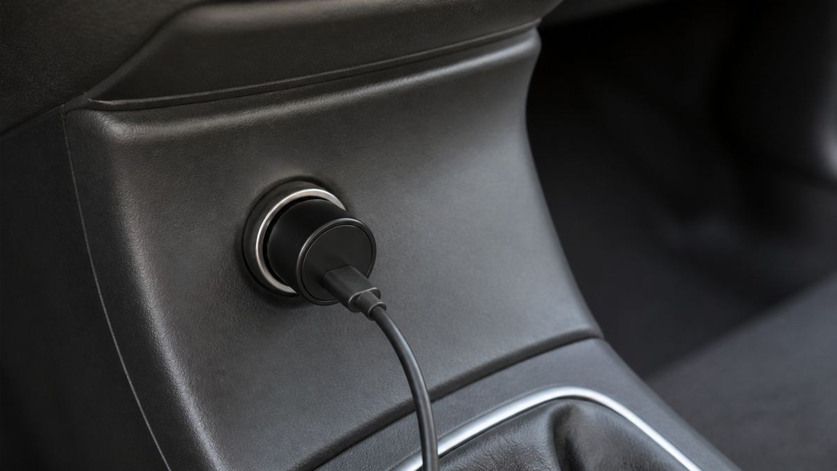 車内のダッシュボード付近でシガーソケットにつながれたUSB充電器と、そこから伸びるケーブル