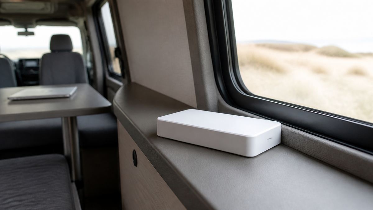車内の窓辺に置かれたモバイルWi-Fiルーターと、テーブル上のノートパソコン