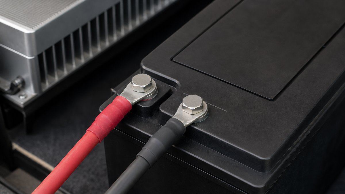 バッテリー端子に丸端子で接続された太い電源コードと、床に固定されたインバーター本体